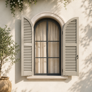 Panneaux de volets de fenêtre arqués en bois massif avec persiennes décoratives fixes, panneau de fenêtre en bois massif - Product Image 3
