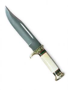 Cuchillo de camping de hoja satinada con punta de clip de primera calidad, herramienta utilitaria de alta resistencia con mango de hueso con ranura Fuller y guardacuchillo de latón. - Product Image 4
