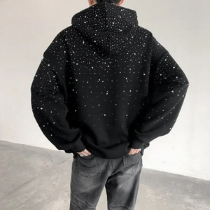 Y2K <b>Aesthetic</b> Distressed Denim Blue Heavyweight Oversized Acid Wash Hip Hop Rhinestone Zipper Pullover Hoodie 100% Cotton - Product Image 4