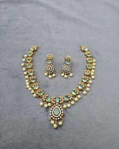 Wholesale Traditional Gold Plated American Diamond Work Oval Stone Studded <b>Pearl</b> Necklace <b>Set</b> Designer Fashion <b>Jewelry</b> Suppliers - Product Image 2