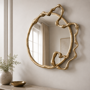 Modern Gold Round Wall Mirror Abstract Sculptural Frame Decorative Mirror For Living Room Bedroom Wall Decor - Product Image 2