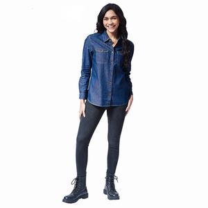 Wholesale Women Denim Shirts Button Flap Pockets Raw Blue Solid Vintage Style Winter/Spring/Summer Casual <b>Tops</b> High Quality - Product Image 2