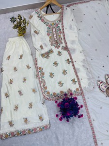 Cream Chinon Embroidered Top With Plazzo And Dupatta Traditional <b>Indian</b> Ethnic Wear For Wedding <b>Indian</b> Boutique LAtest Exclusive - Product Image 6