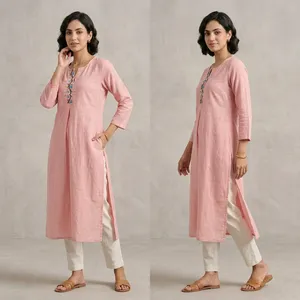 Kurti long en coton et lin orange pour femme, col rond, manches trois quarts, coupe droite, encolure brodée, tenue ethnique décontractée - Product Image 5