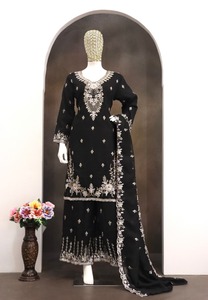 Salwar Kameez en soie noire pour femmes, broderie, longueur cheville, style traditionnel indien pakistanais, costume Punjabi, séchage rapide - Product Image 4