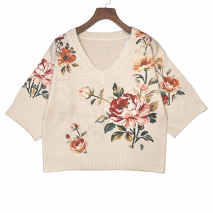 Suéter de Punto con Cuello en V y Estampado Floral para Mujer, Top Informal de Media Manga, Bordado de Algodón Suave, Ropa de Primavera - Product Image 6