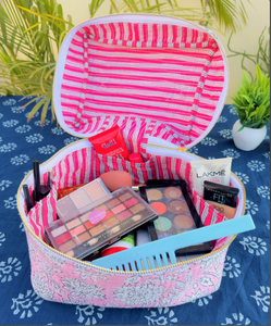 Vanity <b>Makeup</b> <b>Case</b>, Cotton Quilted Cosmetic Bag, Toiletry Bag, Bridesmaid Bag, Custom Make Up Bag, Vanity Bag For Sale - Product Image 4