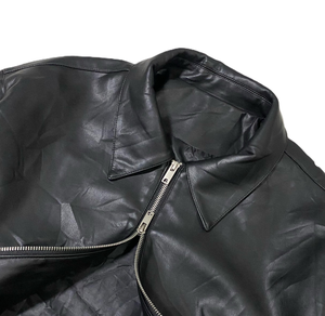 <b>Men's</b> Black Wrinkled Leather <b>Jacket</b> Point Collar Double Flap Pockets Drawstring Hem Oversized Streetwear Zip up Coat - Product Image 5