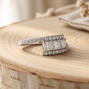 Wonderful IGI Certified Princess & Round Lab Diamond 10K 14K 18K Solid Gold Moissanite <b>Three</b> Stone Bypass Ring Engagement Band - Product Image 4
