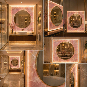 Espejo de Pared Cuadrado de Cuarzo Rosa, Decoración de Baño de Piedra Rosa de Lujo, Espejo de Vanidad Moderno para un Interior de Hogar Elegante - Product Image 5