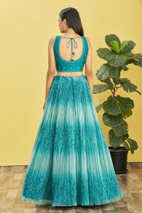 Green Beaded Embroidered Chiffon Women's Sleeveless <b>Square</b> Neck Crop Top Knee-Length Pleated Lehenga Net Dress for Party Wedding - Product Image 3