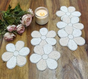 White Flower Beaded Coasters Set Of 6 Classic Fabric Reusable Wedding Table Mats Decoration - Product Image 4