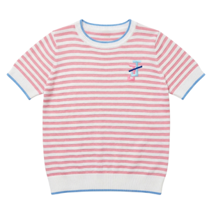 Pull en tricot à manches courtes pour femme, rayures roses et blanches, texture douce, vêtements décontractés à porter tous les jours - Product Image 1