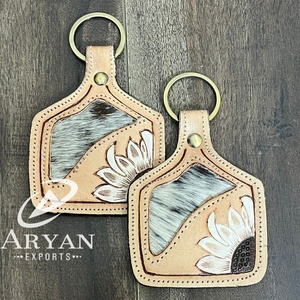 New Manufacturer Tooled <b>Leather</b> Cowhide <b>Keychain</b> White Sunflower Western Key Fob Rustic Floral Car Key Holder Gift for Unisex - Product Image 1