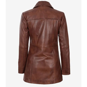 Premium Women's Genuine Sheepskin <b>Leather</b> <b>Blazer</b> <b>Jacket</b> Vintage Brown Mid-Length Soft <b>Leather</b> Trench Coat Outerwear - Product Image 2