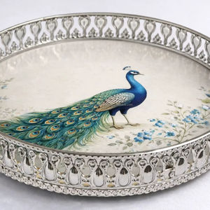 Plateau allemand en argent pichwai, motif paon, ensemble cadeau - Product Image 1