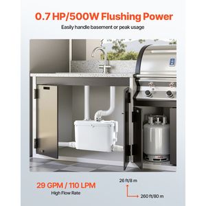 Pompa Maceratrice 500W, Portata 29 GPM, Prevalenza 26 Ft/8 m, Ingresso Acqua di Scarico/Toilette, 4 Uscite Acqua, Smaltimento Rifiuti, Tritarifiuti UPF - Product Image 2