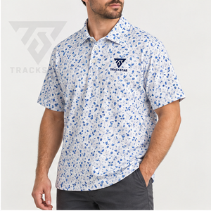 เสื้อโปโลผู้ชาย Trackstar สีขาว-น้ำเงิน ลายใบไม้แบบนามธรรม แขนสั้น คอปกติดกระดุม เสื้อกอล์ฟลำลอง สกรีนโลโก้ได้ - Product Image 4