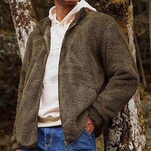 Chaqueta de Forro Polar Sherpa Verde Oliva para Hombre, con Cierre, Cuello Alto, Corte Regular, Ropa de Invierno Ecológica - Product Image 4