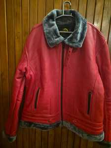 Blouson moto en cuir véritable rouge pour homme Champ King avec doublure en fausse fourrure coupe-vent fermeture éclair hiver coupe régulière - Product Image 1