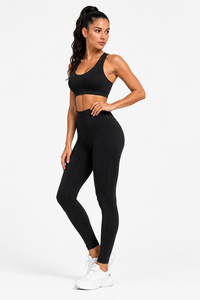 <b>Black</b> High Waisted <b>Leggings</b> Scoop Neck Solid <b>Crop</b> Top 4 Piece Set Breathable Eco-Friendly Seamless Knitted Spandex Elastic Waist - Product Image 5