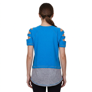 Women's Blue Cold Shoulder T-Shirt Glitter Print Letter Design Slim Fit Casual Short Sleeve Crew Neck Breathable Summer Top - Product Image 5