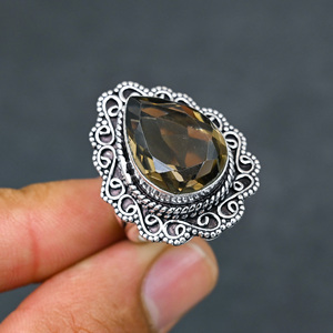 Bague en argent sterling 925 avec quartz fumé synthétique et pierre en forme de poire, faite à la main, ornée de turquoise, bijoux de mariage – Nouveauté très prisée - Product Image 3