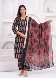 The straight-cut black kurti showcases timeless ethnic motifs, paired beautifully with matching printed <b>ankle</b>-length trousers. - Product Image 6