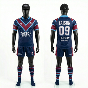Ensemble d'uniformes de rugby pour hommes en polyester 180 GSM de qualité supérieure, bleu marine, bordeaux, bleu ciel, avec design à panneaux en V, respirant, logo personnalisé par sublimation - Product Image 1