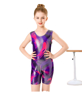 Maillot de Gimnasia para Niñas con Pantalones Cortos, Morado y Rosa, Estampado por Sublimación, Spandex y Poliéster, Ropa de Baile para Niñas, Ropa de Actuación Infantil - Product Image 1