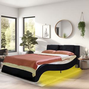Queen Size in ecopelle piattaforma telaio del letto illuminazione a LED Bluetooth controllo musica schienale vibrazione massaggio legno stecca supporto - Product Image 1