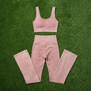 Women <b>Pink</b> Acid Wash Sports Bra Flare Leggings <b>Set</b> High Waist <b>Gym</b> Yoga Workout Activewear - Product Image 6