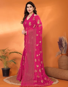 Sari Tradicional KV de Rayón Rosa con Bordado Georgette y Blusa sin Coser para Fiestas y Eventos - Product Image 4