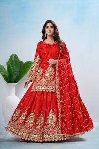 Conjunto de Shalwar Kameez Pakistaní de Seda Bordada Verde, con Mangas Largas, Lehenga y Dupatta, para Fiestas o Uso Casual, Largo hasta la Rodilla - Product Image 6