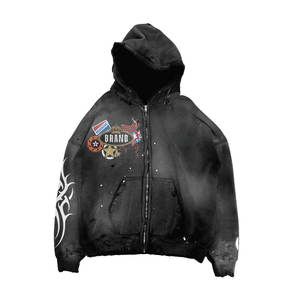 Sudadera con capucha pesada de algodón con cremallera y estampado serigrafiado, estilo streetwear, con pedrería, oversize y de moda - Product Image 1