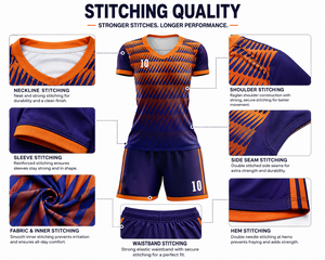 Ensemble short et maillot de football sublimé violet et orange pour femme, col en V, manches courtes, anti-humidité, coupe athlétique, 100 % polyester - Product Image 6
