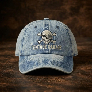 Casquette de baseball décontractée en coton non structurée à visière incurvée, style denim délavé vintage, avec broderie de logo personnalisée, pour homme - Product Image 1