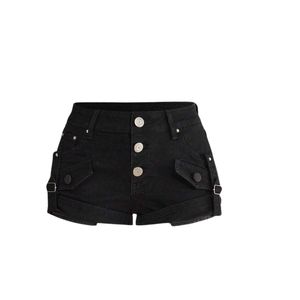 Custom Womens Black <b>Denim</b> Mini Shorts High Waist Button Fly Buckle Straps Side Pockets Goth Punk Y2K Sexy Booty Hot Pants Shorts - Product Image 1