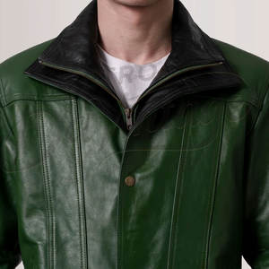 Veste en cuir vert émeraude pour homme avec col intérieur contrastant noir, en véritable peau de mouton, coupe ajustée, automne-hiver, style moto - Product Image 1