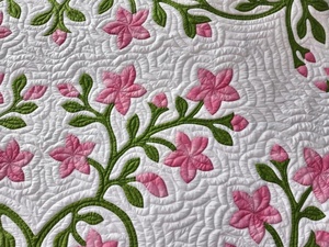 Pink Green Hawaiian Inspired Floral Applique Cotton Bedspread Handmade Artisan Heirloom Quilt For <b>Queen</b> And California King <b>Beds</b> - Product Image 5