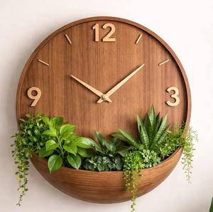 Reloj de Pared de Madera Creativo de Lujo con Macetero, Reloj de Pared Decorativo Moderno, Soporte para Plantas, Decoración del Hogar - Product Image 1