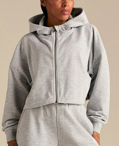 2026 Heavyweight <b>Women's</b> Grey Hooded <b>Zip</b>-<b>Up</b> Sweatshirt Crop <b>Top</b> Full Sleeve Knitted Cotton Blend Breathable Autumn Wear - Product Image 1