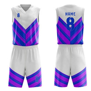 Ensemble de maillots de basket personnalisés blanc, violet, bleu, sublimés, col en V, sans manches, anti-transpiration, unisexe, adulte, toutes saisons - Product Image 4