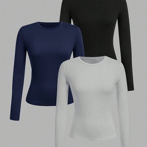 Fall womens casual polyester <b>long</b> <b>sleeve</b> tshirt solid color loose fit custom logo <b>base</b> <b>layer</b> group activity top - Product Image 1