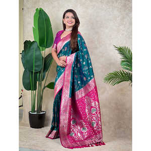 Sari en soie tissée Banarasi Jaal Zari vert, vêtements indiens et pakistanais - Product Image 2