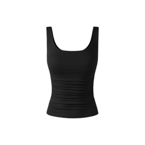 Women's <b>Black</b> Ruched Knitted <b>Tank</b> <b>Top</b> Scoop Neck Minimalist Solid Color Regular Length Cotton/Bamboo Fiber Garment Dyed Quick - Product Image 2
