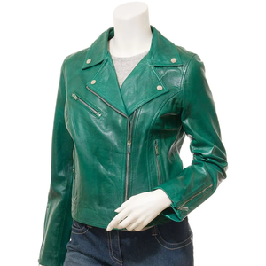 Women Genuine Leather Moto Jacket Green Full Sleeve <b>Stand</b> Collar Zipper Closure Autumn Style - Product Image 1