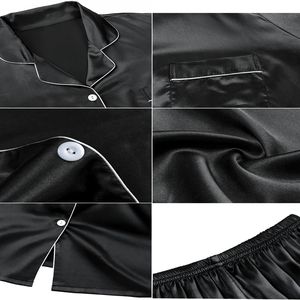 Ensemble de pyjama en satin noir pour femmes, manches courtes, col cranté, vêtements de nuit avec short, vêtements de détente d'été - Product Image 5