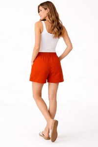 Women's Solid Orange Cotton <b>Shorts</b> Mid Waist Elastic Regular Fit Casual Breathable Pockets Fur Pattern Woven Fabric - Product Image 2