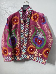 Indian Artisan Statement Outwear Handmade Luxurious <b>Velvet</b> Suzani Jacket Modern Bohemian Style Bold Floral Embroidered <b>Coat</b> - Product Image 5